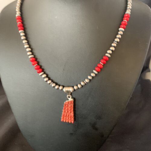 Navajo Red Coral Corn Inlay Pendant Necklace | Sterling Silver | 21" | Authentic Native American Handmade | 12583