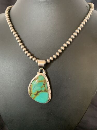 Men's Navajo Blue Spiderweb Turquoise Pendant Necklace | Sterling Silver | Authentic Native American Handmade | 10674