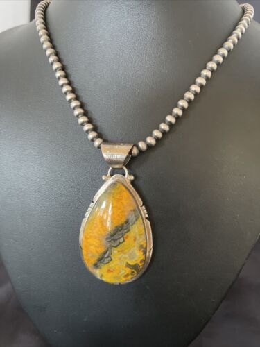 Men's Navajo Pearls Necklace with Bumblebee Jasper Pendant | Sterling Silver | Native American Handmade | 10548