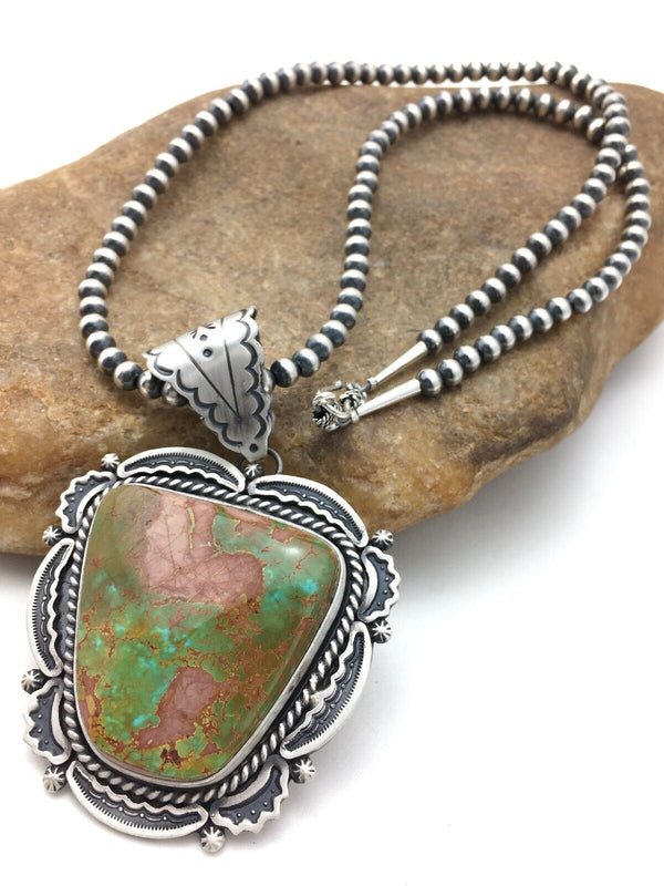 Royston Turquoise Pendant | Navajo Pearls Sterling Silver Necklace | Authentic Native American Handmade | 4276