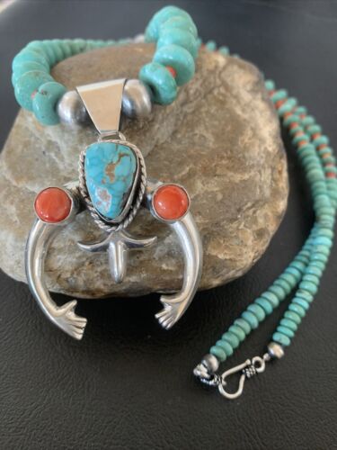 Navajo Pearls Sterling Silver Necklace | Blue Turquoise & Spiny Oyster Naja Pendant | Authentic Native American Handmade | 02059