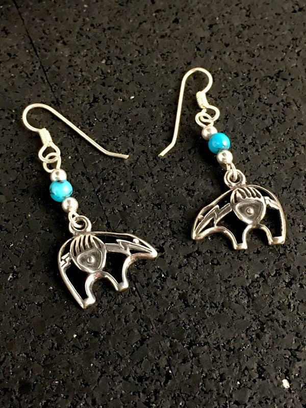 Navajo Sterling Silver Turquoise Bead Dangle Bear Paw Earrings | Authentic Native American Handmade | 8785