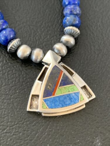 Authentic Native American Sterling Silver Navajo Pearls Necklace with Lapis Inlay Pendant | 01926