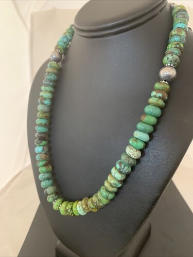 Native American Green Turquoise Bead Necklace | Sterling Silver | 20" | 2088