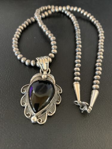 Navajo Pearls Black Onyx Necklace Pendant | Sterling Silver | Authentic Native American Handmade | 13095