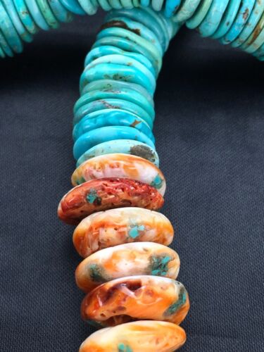 Spiny Oyster & Turquoise Graduated Necklace | Sterling Silver | Authentic Native American Navajo | 17" | 3004