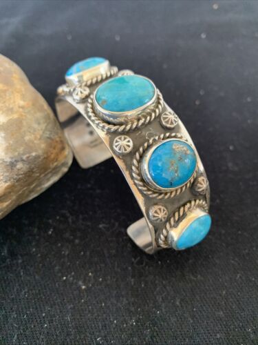 Navajo Sterling Silver Blue Kingman Turquoise Cuff Bracelet | 5 Stones | Authentic Native American Handmade | 863