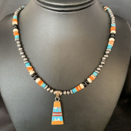 Navajo Multi-Color Turquoise Onyx Inlay Pendant Necklace | Sterling Silver | Authentic Native American Handmade | 13806