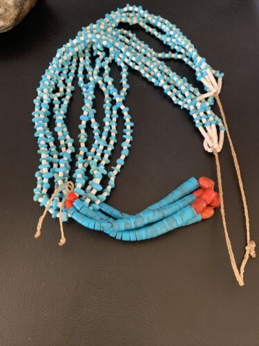 Native American Santo Domingo Blue Turquoise Coral Jacla Necklace | 5 Strand Nugget Bead | 34" | 13182