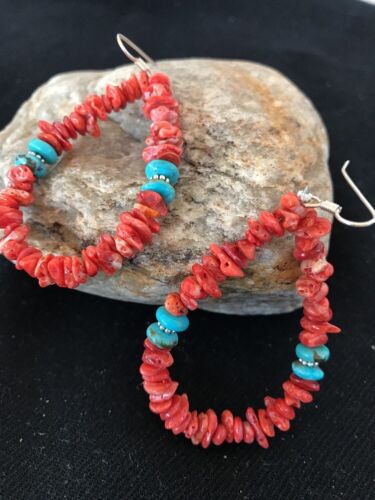 Navajo Sterling Silver Turquoise Spiny Oyster Earrings | 2" | Authentic Native American Handmade | 2038