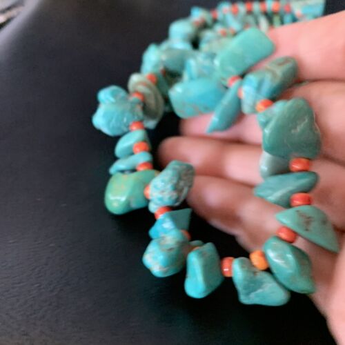 Navajo Green Turquoise & Spiny Oyster Graduated Necklace | Sterling Silver | Authentic Native American | 21" | 14009