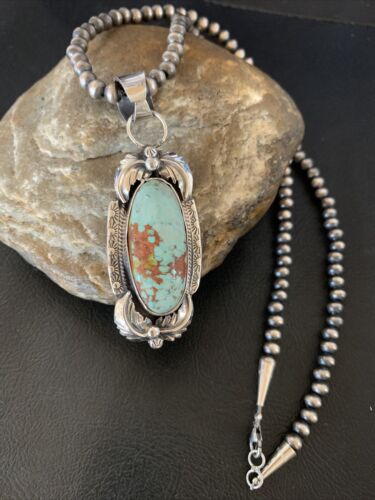 Men's Navajo Blue Dry Creek Turquoise Pendant | Sterling Silver Pearl Necklace | Native American Handmade | 12971