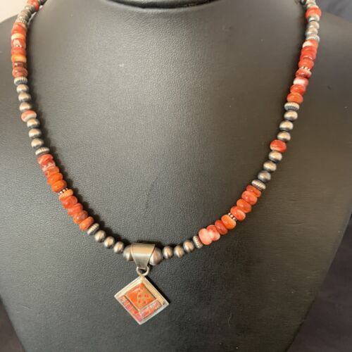 Navajo Red Spiny Oyster Opal Inlay Bead Necklace Pendant | Sterling Silver | Native American Handmade | 12722