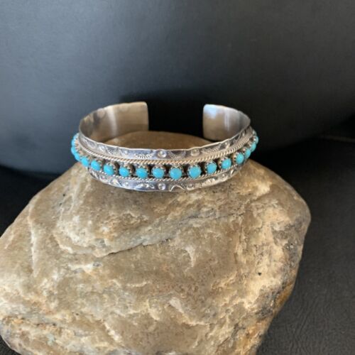 Native American Zuni Blue Turquoise Cuff Bracelet | Sterling Silver Handmade | 12694