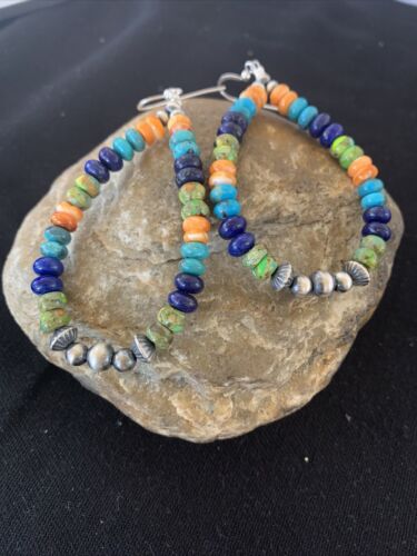 Navajo Sterling Silver Bead Earrings | Spiny, Turquoise & Lapis Dangle | Authentic Native American Handmade | 1413