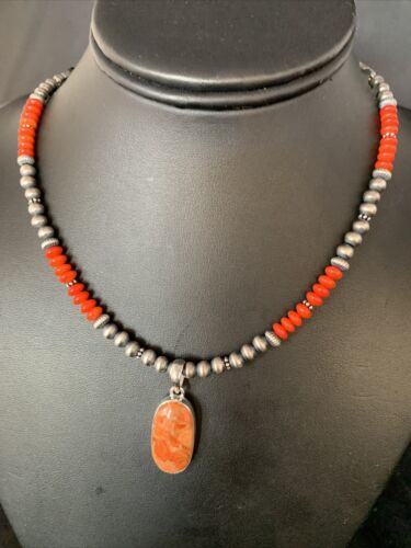 Navajo Red Apple Coral Necklace Pendant Naja | Sterling Silver | Authentic Native American Handmade | 13932
