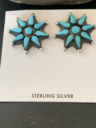 Navajo Blue Cluster Turquoise Stud Earrings | Sterling Silver | Authentic Native American Handmade | 12303