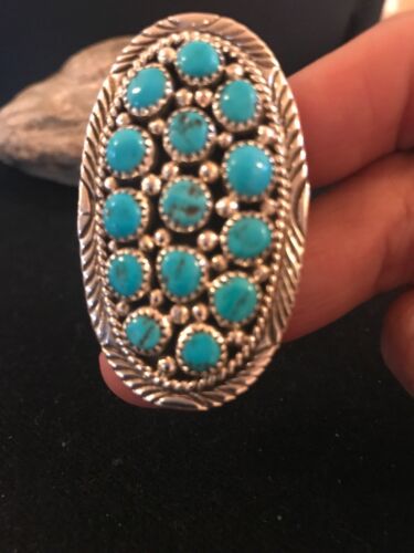 Navajo Kingman Turquoise Cluster Ring | Authentic Native American Sterling Silver | Multi-Stone | Sz 7.5 | 8392