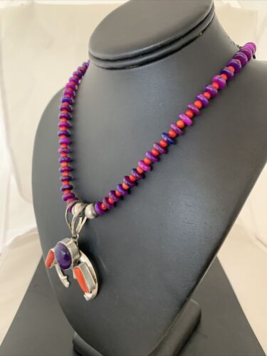 Navajo Sterling Silver Necklace with Purple Sugilite and Red Coral Naja Pendant | Authentic Native American Handmade | 02150