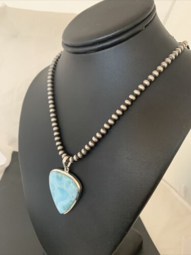 Navajo Blue Larimar Pendant Necklace | Sterling Silver Beads | Authentic Native American Handmade | 1764