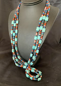Native American Santo Domingo Turquoise Coral Bead Necklace | 3-Strand | 28" | 11988
