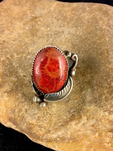 Native American Apple Coral Sponge Ring | Navajo Sterling Silver | Sz 10.5 | 8763