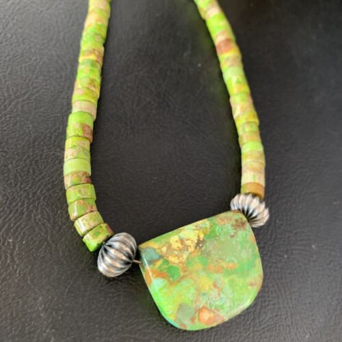 Navajo Green Gaspeite Turquoise Pendant | Sterling Silver | Authentic Native American Handmade | 13945