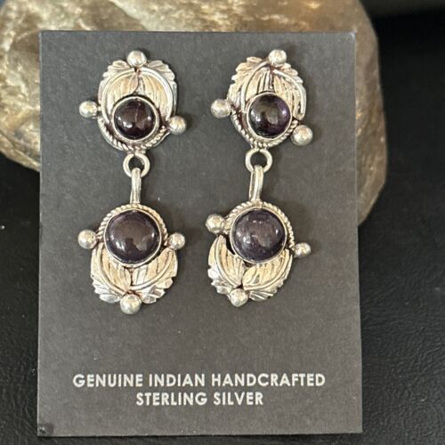 Navajo Purple Sugilite Post Dangle Earrings | Sterling Silver | Authentic Native American Handmade | 1597