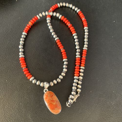 Navajo Red Apple Coral Necklace Pendant Naja | Sterling Silver | Authentic Native American Handmade | 13932