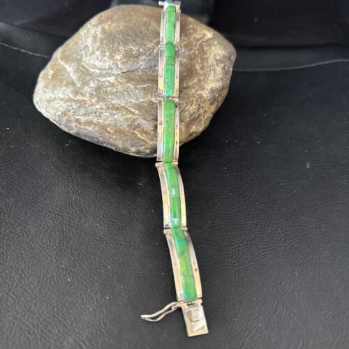 Women's Green Gaspeite Inlay Link Bracelet | Sterling Silver | 6.25" | 14526