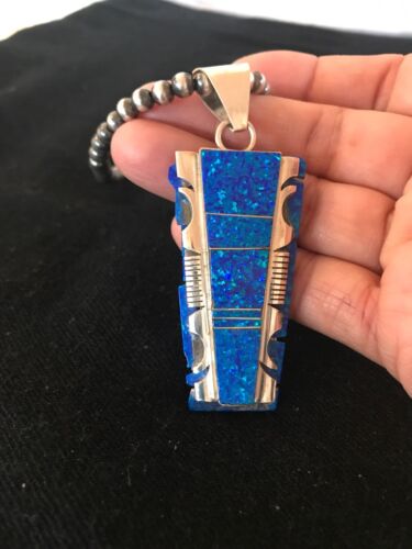 Authentic Native American Navajo Pearls Bead Necklace | Sterling Silver with Blue Opal Pendant | 8281