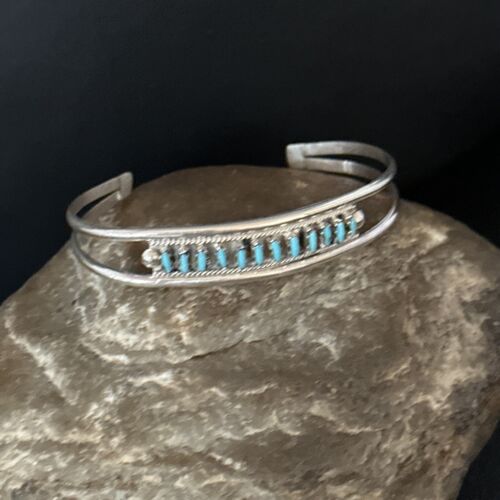 Zuni Blue Turquoise Needle Point Cuff Inlay Bracelet | Sterling Silver | Authentic Native American Handmade | 14594