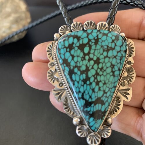 Native American Men's Bolo Tie | Blue Spiderweb Turquoise | Sterling Silver | Navajo Handmade | 12364