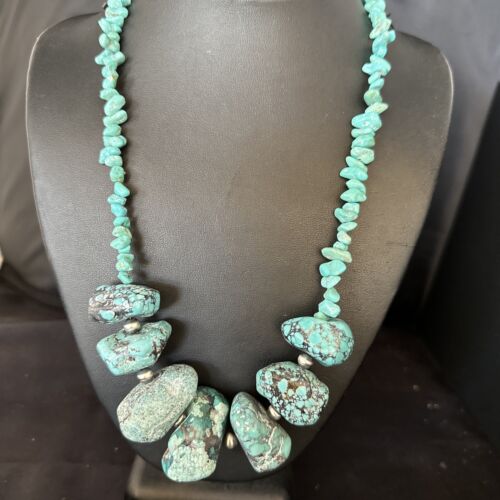 Navajo Chunky Blue Turquoise Nugget Necklace | Sterling Silver | Authentic Native American Handmade | 20" | 14418