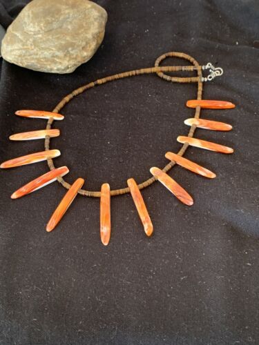Navajo Orange Spiny Oyster Bone Stick Bead Necklace | Sterling Silver | 22" | Authentic Native American Handmade | 00680