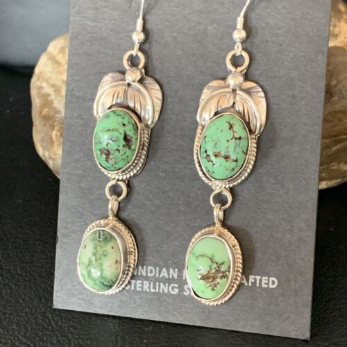 Navajo Green Spiderweb Turquoise Dangle Earrings | Sterling Silver | Authentic Native American Handmade | 13544