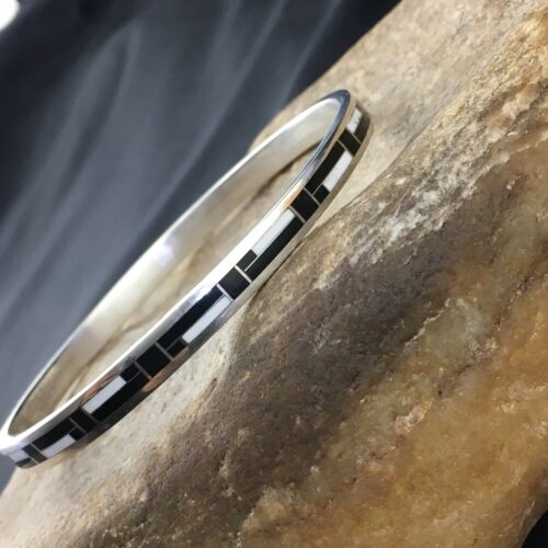 Native American Sterling Silver Bangle | Black Onyx & Mother of Pearl Inlay Bracelet | 10197