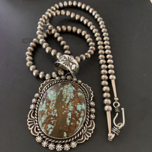 Navajo Pearls Sterling Silver Necklace with Blue Turquoise #8 Pendant | Authentic Native American Handmade | 11297