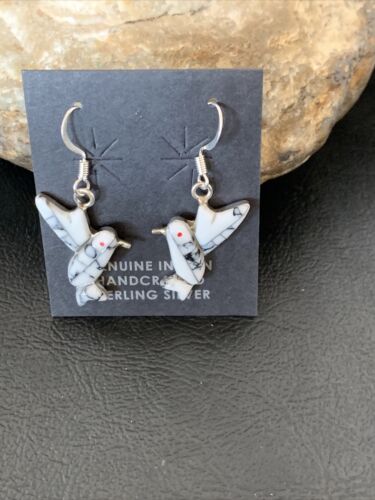 Navajo Sterling White Buffalo Turquoise Hummingbird Dangle Earrings | 1" | Authentic Native American Handmade | 12313