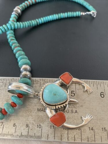 Navajo Pearl Necklace with Blue Turquoise & Coral | Sterling Silver Naja Pendant | 02062