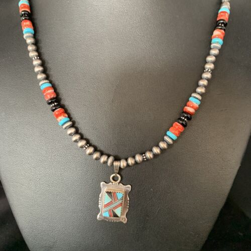 Navajo Multi-Color Turquoise Onyx Inlay Pendant Necklace | Sterling Silver | Authentic Native American Handmade | 13559