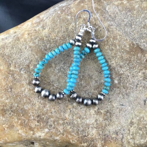 Navajo Blue Turquoise Bead Earrings | Sterling Silver Pearls | 1.75" | Authentic Native American Handmade | 1971