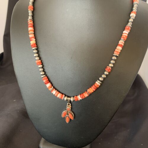 Navajo Pearl Necklace with Red Apple Coral, Spiny Oyster Pendant | Authentic Native American Sterling Silver | Multi-Stone | 12388