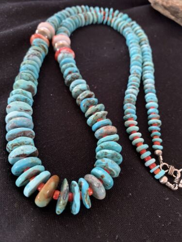 Authentic Native American Navajo Sterling Silver Necklace | Blue Turquoise & Spiny Oyster | 32" | 01672