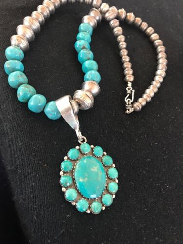 Navajo Pearls Kingman Turquoise Beads Necklace | Sterling Silver Pendant | Native American Handmade | 1223