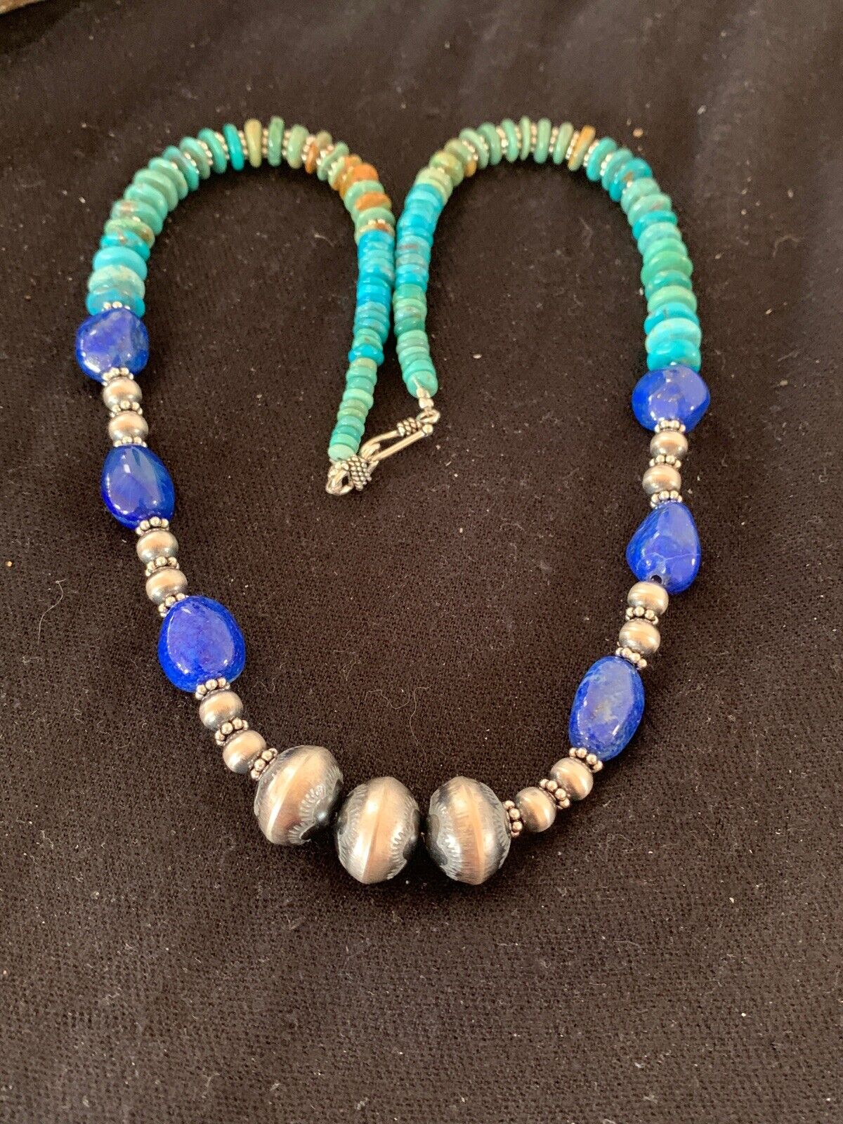 Navajo Lapis & Turquoise Beads Necklace | Sterling Silver | Authentic Native American Handmade | 20" | 4696