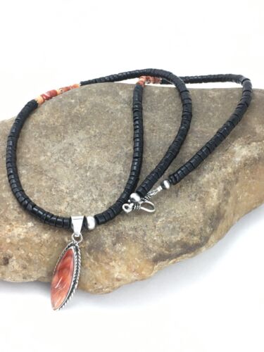 Spiny Oyster Pendant | Black Onyx Heishi | Navajo Sterling Necklace 22" | 4871