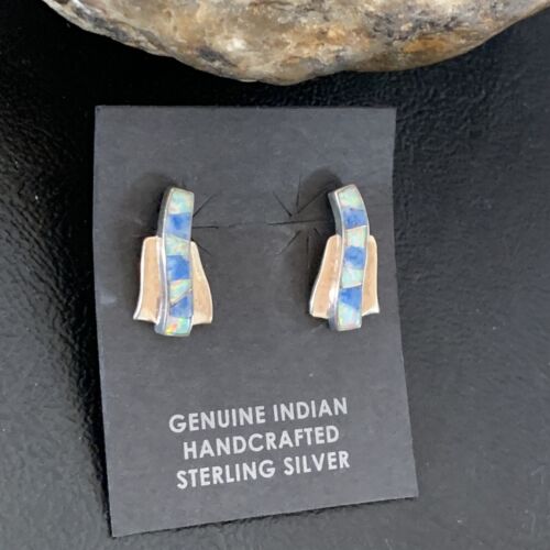 Navajo Blue Denim Lapis Opal Inlay Earrings | Sterling Silver | Women's Southwestern | 12900