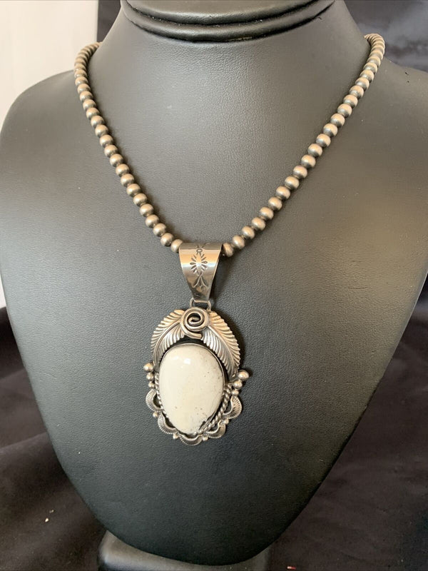 Navajo Pearls | Sterling Silver White Buffalo Turquoise Necklace Pendant 10943