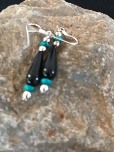 Navajo Black Onyx Turquoise Bead Dangle Earrings | Sterling Silver | Authentic Native American Handmade | 13455